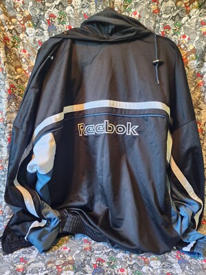 Reebok Windbreaker XL Zip Up Hooded Jacket Black Blue White Adult Vintage