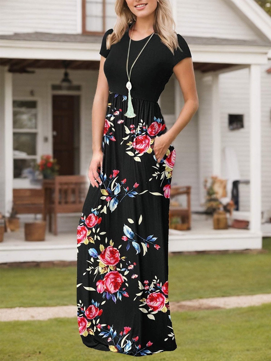 Women's Short Sleeve Loose Plain Maxi Dresses Casual Long Dresses