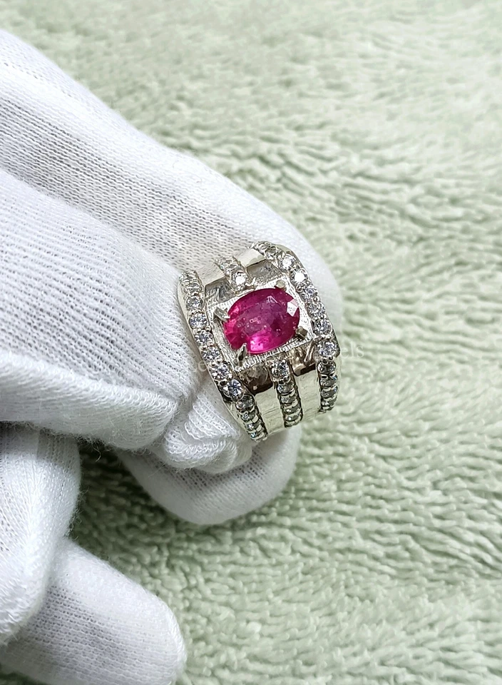 Pedra preciosa de rubi natural com anel folheado a prata 925 para joias masculinas - Imagem 2 de 4