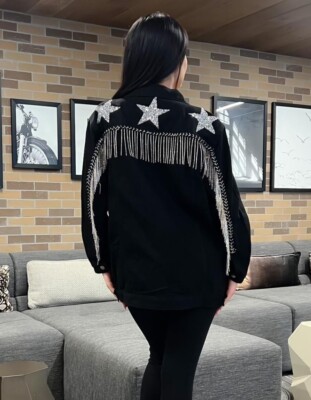 JEWEL TRIM FRINGED BLACK DENIM LONG JACKET size L Vinizbena Design