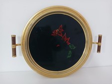 Vassoio Vintage Antiqua Italia Rotondo Placcato Oro 24K Lacca Nera Dipinto Mano