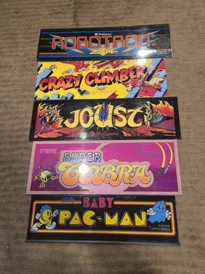 Lot Of 5x 1980s arcade marquee ORIGINAL Baby Pac Man, Joust, Crazy Climber, Etc