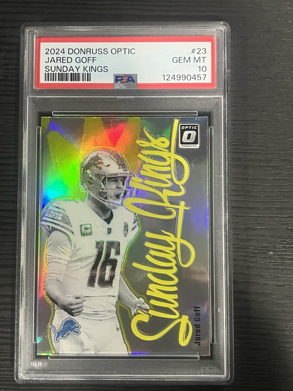 Jared Goff 2024 Donruss Optic Sunday Kings SSP Case Hit PSA 10 Gem #23 Lions
