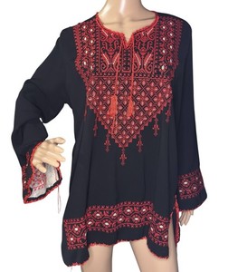 Black Red Tatreez Embroidered Jordanian Palestinian Style Tunic Folk Boho Caftan