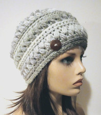 handmade crochet womans button hat beanie fading gray puffs USA