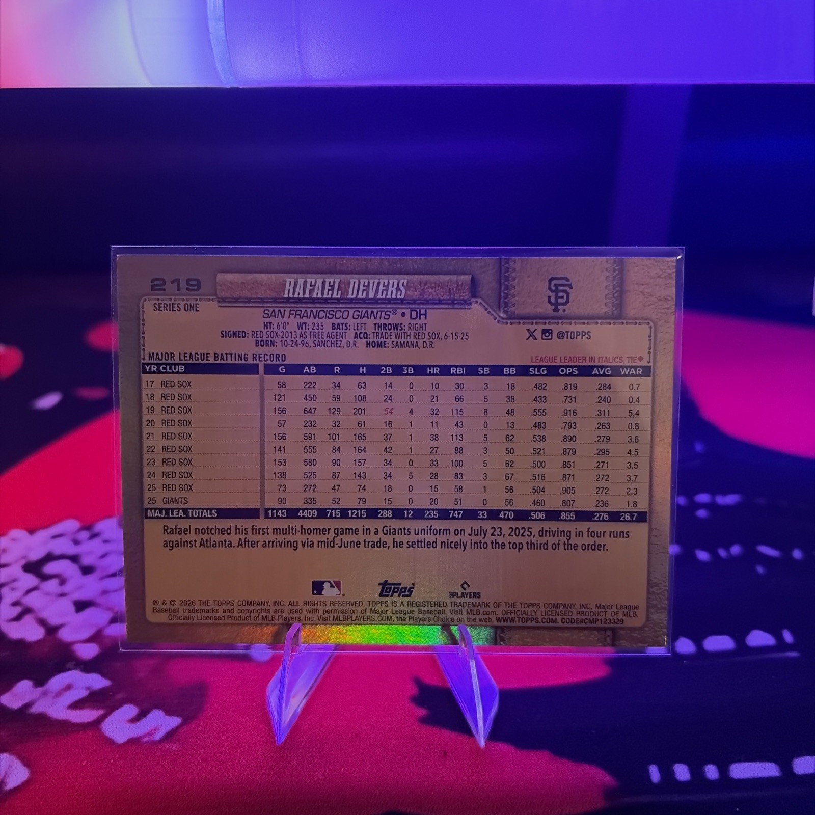 2026 Topps Series 1 Rafael Devers Golden Mirror SSP Image Variation #219 Giants