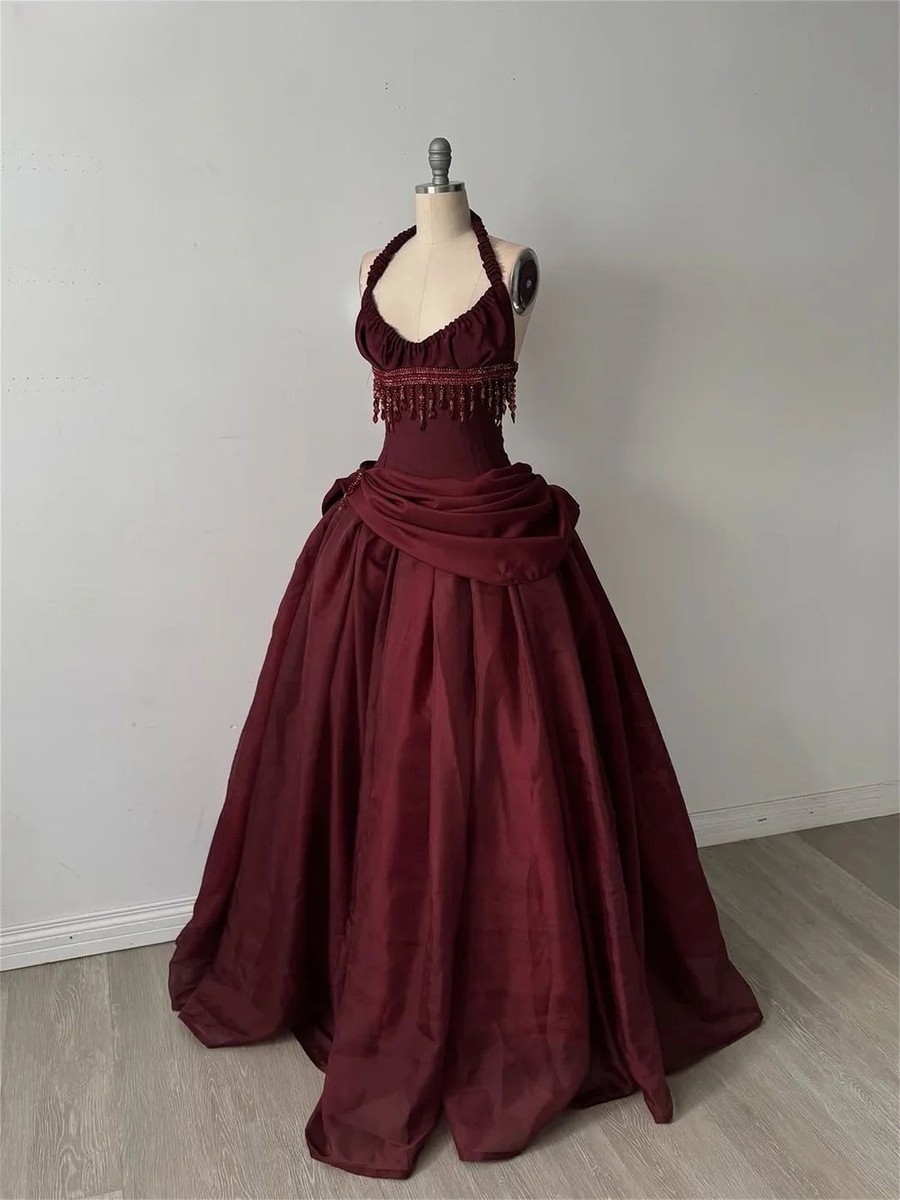 Burgundy Gothic Prom Dress Ruffled Bow Trim Halter Neck Lace-up Floor  Length | eBay
