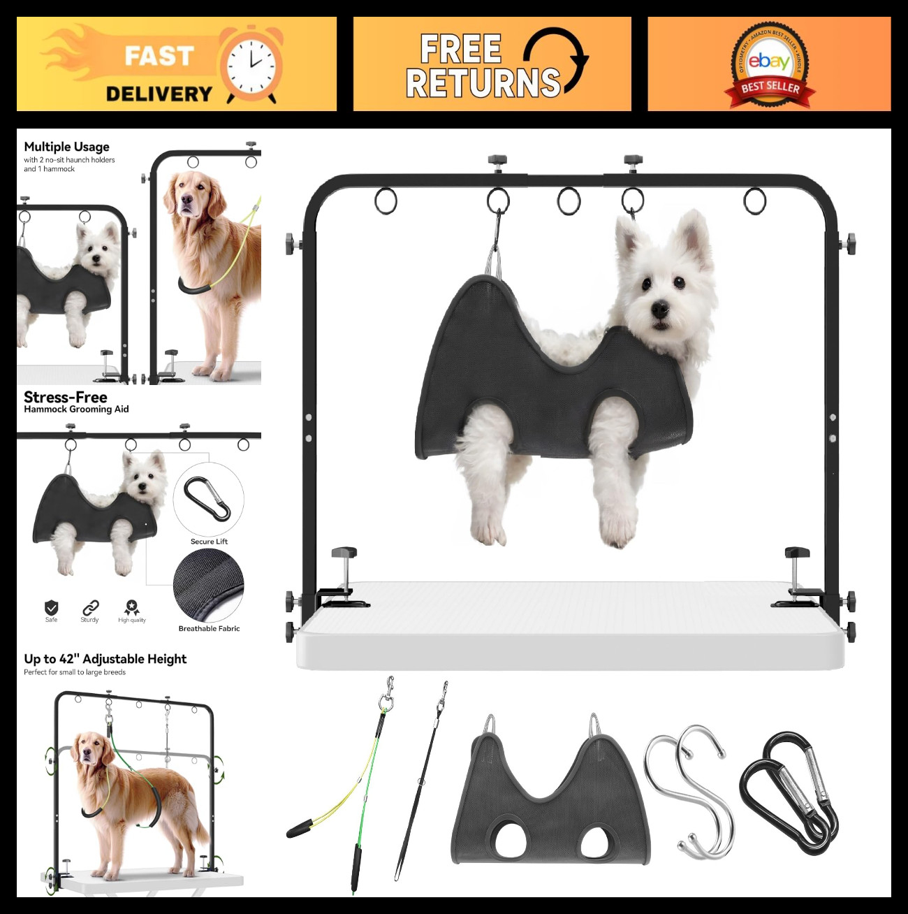 Adjustable Pet Grooming Arm - 42" Height, 27"-39" Width, Cla