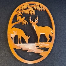 Laser Cut Vtg Wood Hanging Winter Deer Scene At The Creek With Squirrel In Tree