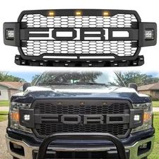 Front Grill For 2018- 2020 Ford F150 Raptor Grille Black W/Letters/2 Side Lights