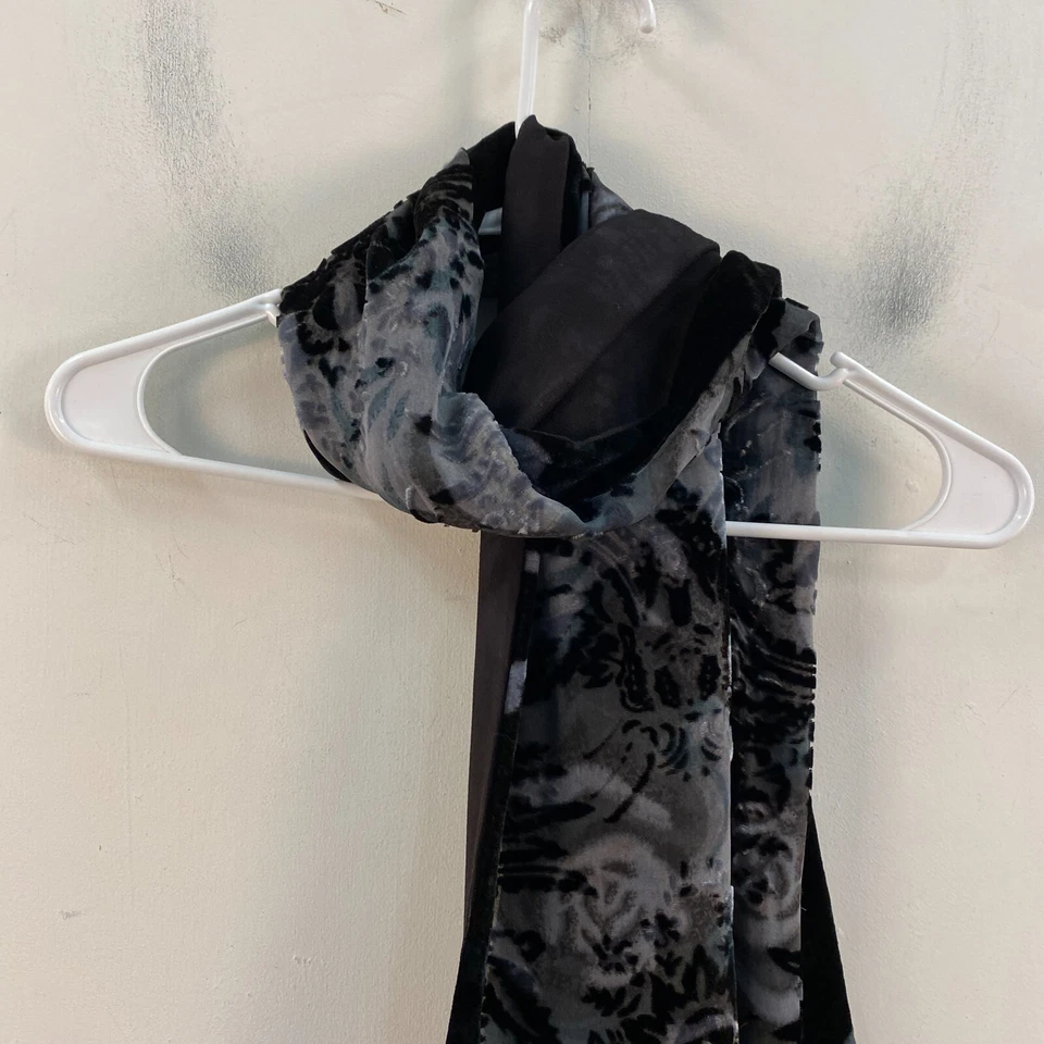 Mujer Bufanda Rayón Seda Negro Azul Flecos Rectángulo 10" x 62" Terciopelo Floral Foto 3 de 4