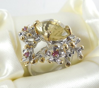 Unique Natural Lemon Quartz Handmade Gold Plated Silver Ring