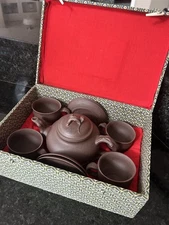 Vintage Chinese Yixing Zisha Purple Clay Teapot Set Signed Hand Painted 10pm