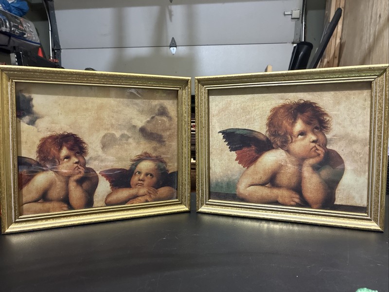 Unique, Religious Cherubs Photos With Gold Frames 11“ X 9“ Very Old ￼