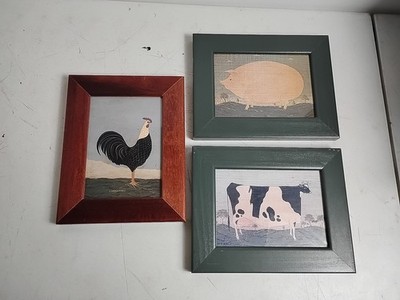 Framed Pictures Farm Animals Cow Pig Rooster Wood Frames Set of 3