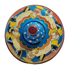 Vintage Spinning Top Tin Wooden Handle Lithograph Toy, Puppy Not Included