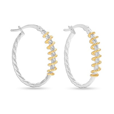 LeCalla Sterling Silver Jewelry Two-Tone Textured Oval Click-Top Hoop Earrings