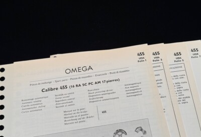 1954 vintage Omega 455 caliber watch Parts List shows numbers