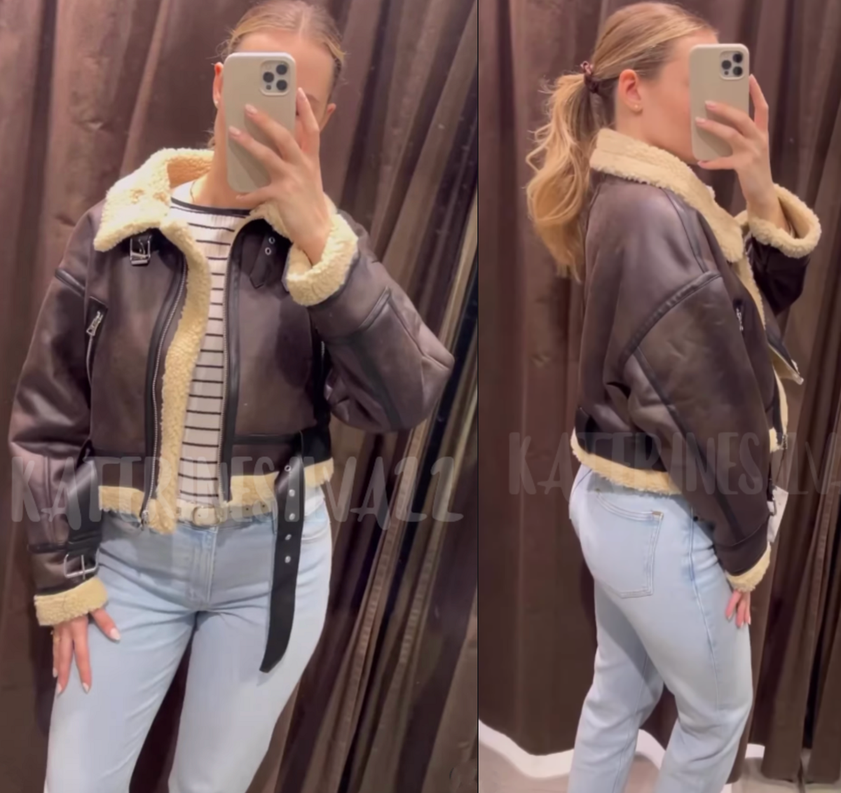 ZARA BROWN DOUBLE-FACED SHORT FAUX LEATHER SHEARLING FUR