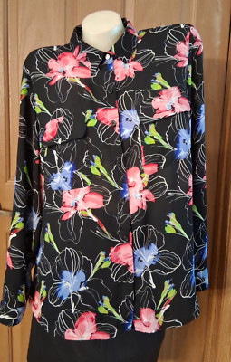 Apt. 9 Black Floral Blouse Long Sleeves Pockets button Front Misses Size L