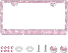 2 Pcs Bling License Plate Frame Glitter Crystal Rhinestone Diamond Pink