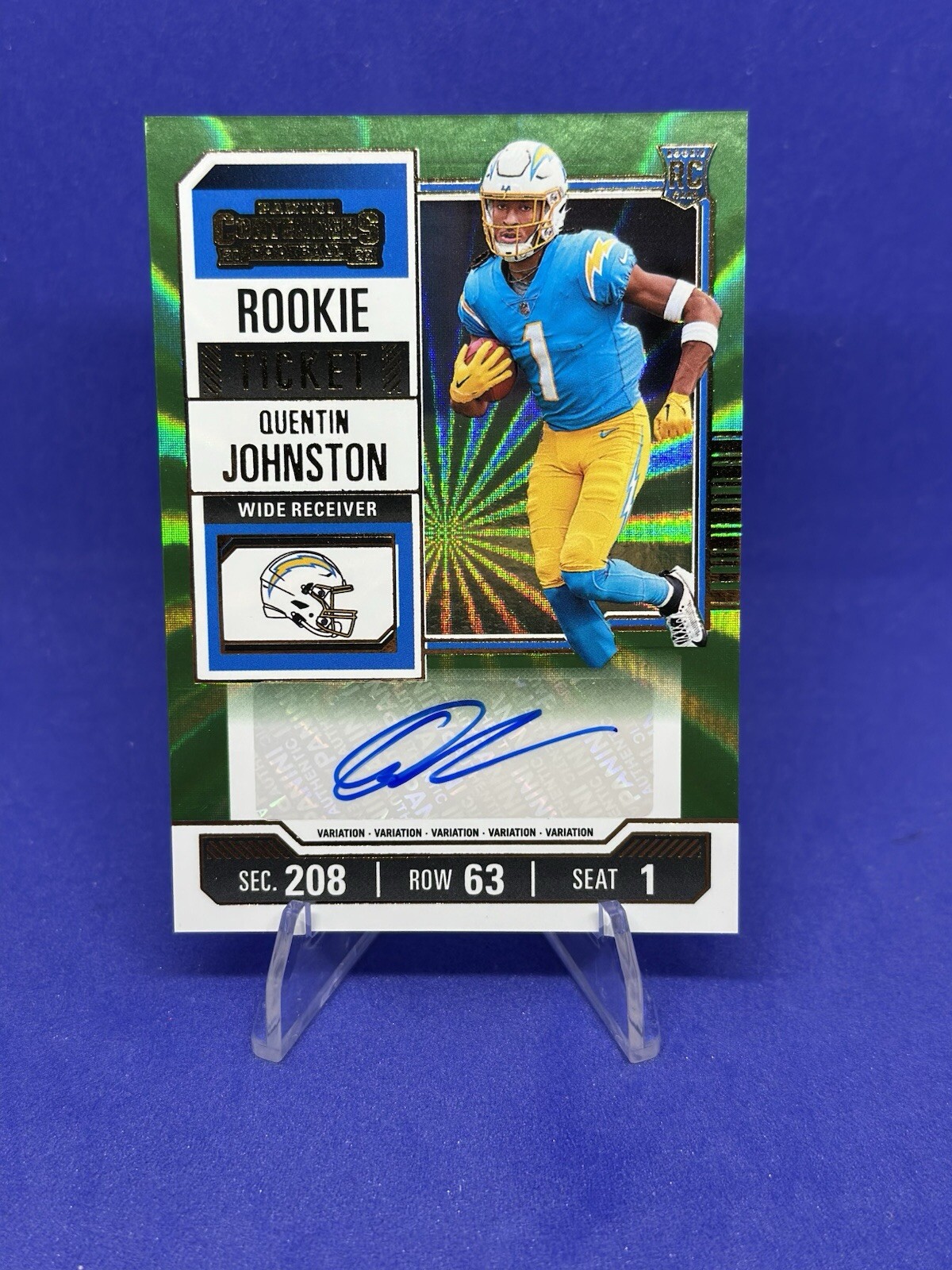 2023 Contenders Quentin Johnston Rookie Ticket Auto SSP Variation Green Laser RC