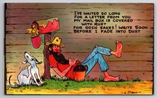 Comic Humor, Dog Hillbilly Waiting for Letter Write Soon, Vintage Postcard