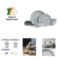 Dinnerware Sets for 4, Ocean Round 12-Piece Kitchen Plates and Bowls Sets, Re...