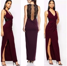 Burgundy Maxi Dress Size 10 Side Slit Party Evening Party Occasion Wedding Xmas