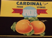 Vintage Cardinal Food Stores Apricots Can Label Hale-Halsell Co. McAlester, Ok.