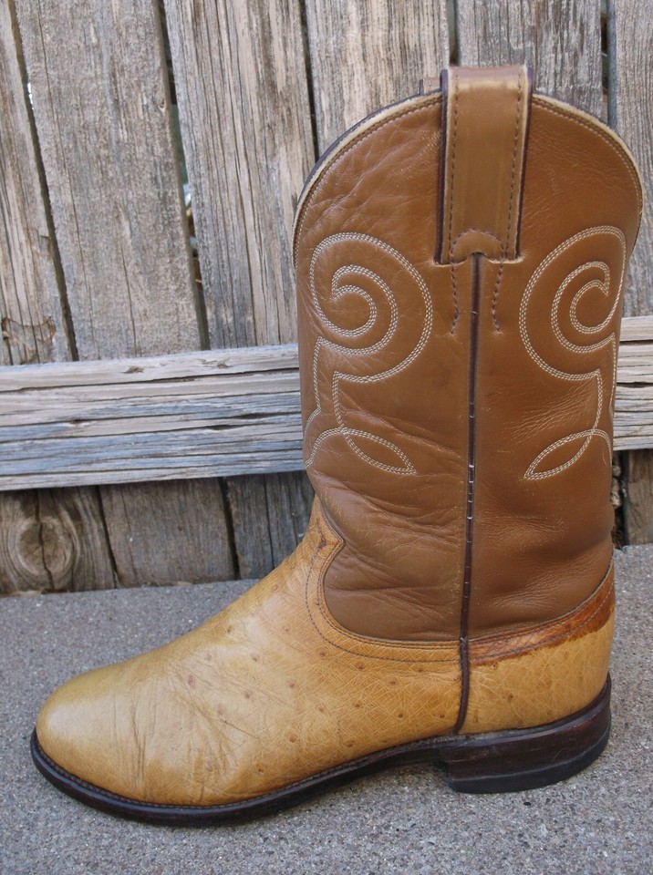 Justin 3022 Vintage Tan Exotic Ostrich Roper Cowboy Boots 7-1/2 D Made ...