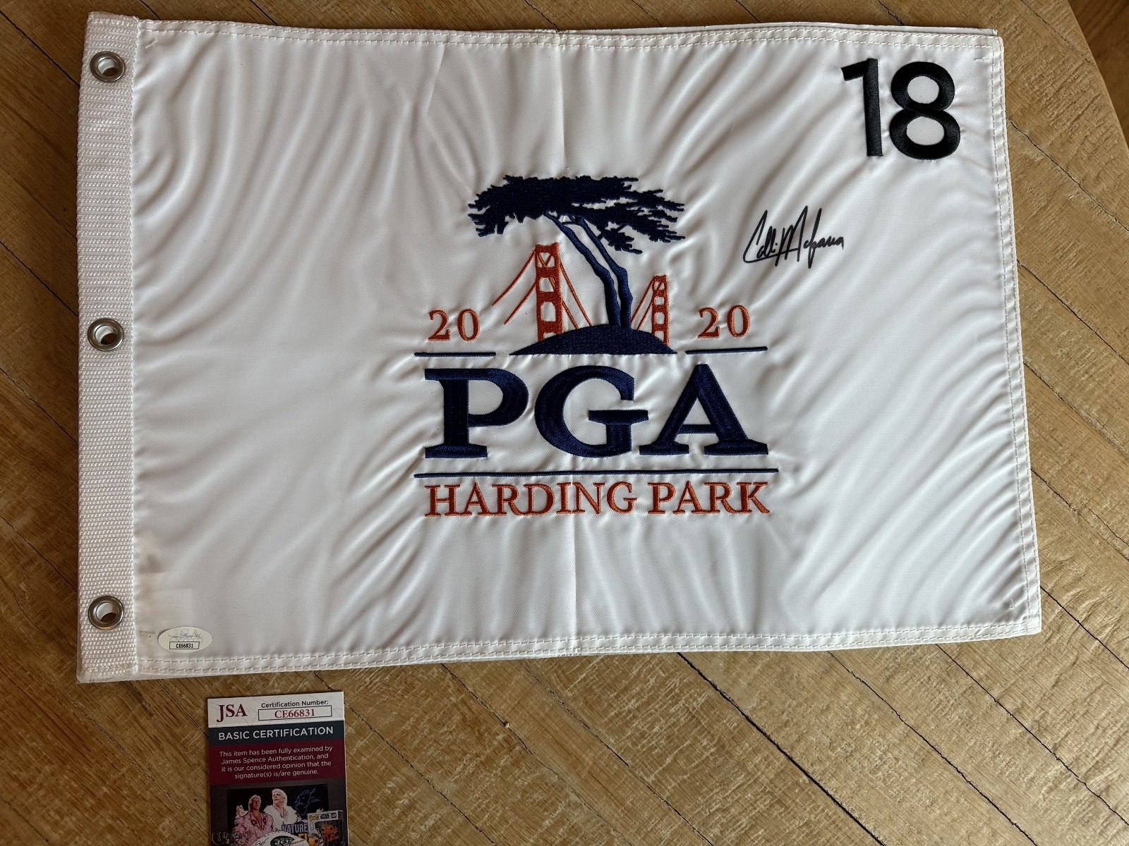 Collin Morikawa Autographed Signed 2020 (Winner) PGA Championship Harding Park Flag JSA COA 