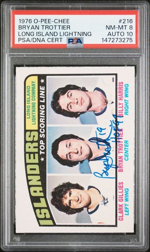 PSA 8 AUTO 10 1976 O-PEE-CHEE #216 BRYAN TROTTIER ROOKIE CARD