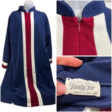 VTG Vanity Fair Velour Long Robe Zip Front House Coat Kaftan Pocket Blue Sz M