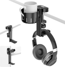 2 in 1 Headphone Hanger with Desk Cup Holder - under Desk Clamp Rotatable Headse