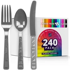 DecorRack Plastic Cutlery Set, Silver Colored Plastic Silverware Sets for Par...