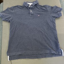 Tommy Hilfiger Men's Navy Solid Polo Shirt Large Short Sleeve Logo Button