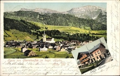 Ak Oberstaufen im Oberallgäu, Café Hener, Kirche, Ortschaft mit... - 10242423