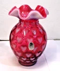 Fenton Cranberry Opalescent HEART OPTIC Crimped Vase #62  5.5" tall - PERFECT!