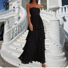NWT Lulus M black strapless pleated tiered maxi dress $109 Retail