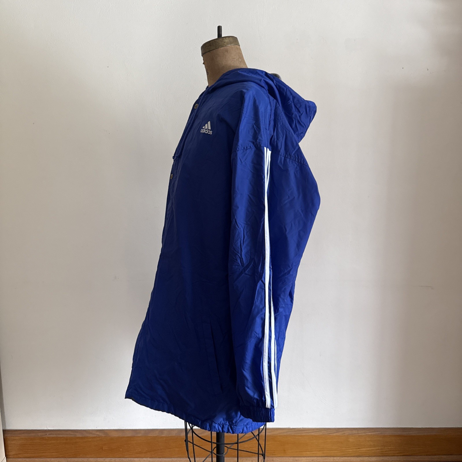 Vtg XL 90s/00s Adidas Long Coat ~ Hooded 3-Stripe Jacket ~ Logo ~ Blue/Lined