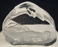 Nybro Sweden Art Clear Frosted Glass Sweet Baby Seal amd Mama Paperweight 