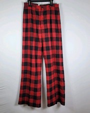 Vintage Womens Wide Leg Pants Buffalo Plaid Red  Black High Rise 27x30 70s 80s