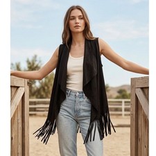 Ultra Flirt Faux Suede Black Fringe Waterfall Vest Large Open Front Western Boho