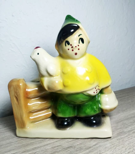 Vintage 1940s  Shawnee Pottery Farm Boy Chicken and Basket Planter USA #645