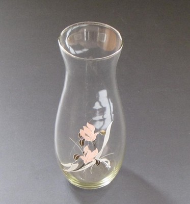 Vintage Pasabahce Turkey Clear Glass Vase Painted Pink and Gray Floral 7''H