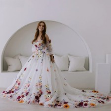 3D Floral Appliques Wedding Dress Tulle Puff Sleeves Boho Bridal Ball Gowns
