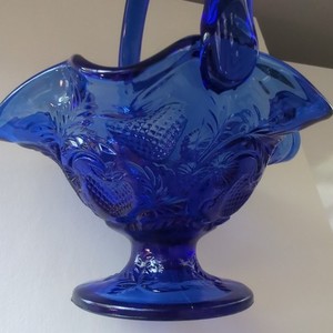 Fenton Basket SIGNED at Collector event Cobalt Strawberry Pedestal Vintage 1995