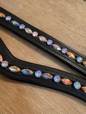 Leather Browband - Sewn In Glass Rhinestones - Aquamarine Peach - 13-18”