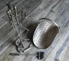 Fireplace Tool Set Vintage 5pc & Matching Log Holder Metal Iron Silver Black